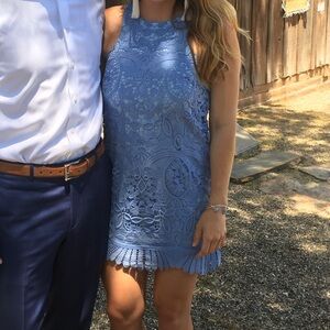 Lovers + Friends Caspian Crystal Blue Shift Dress Embroidery Lace Upper Hi-neck